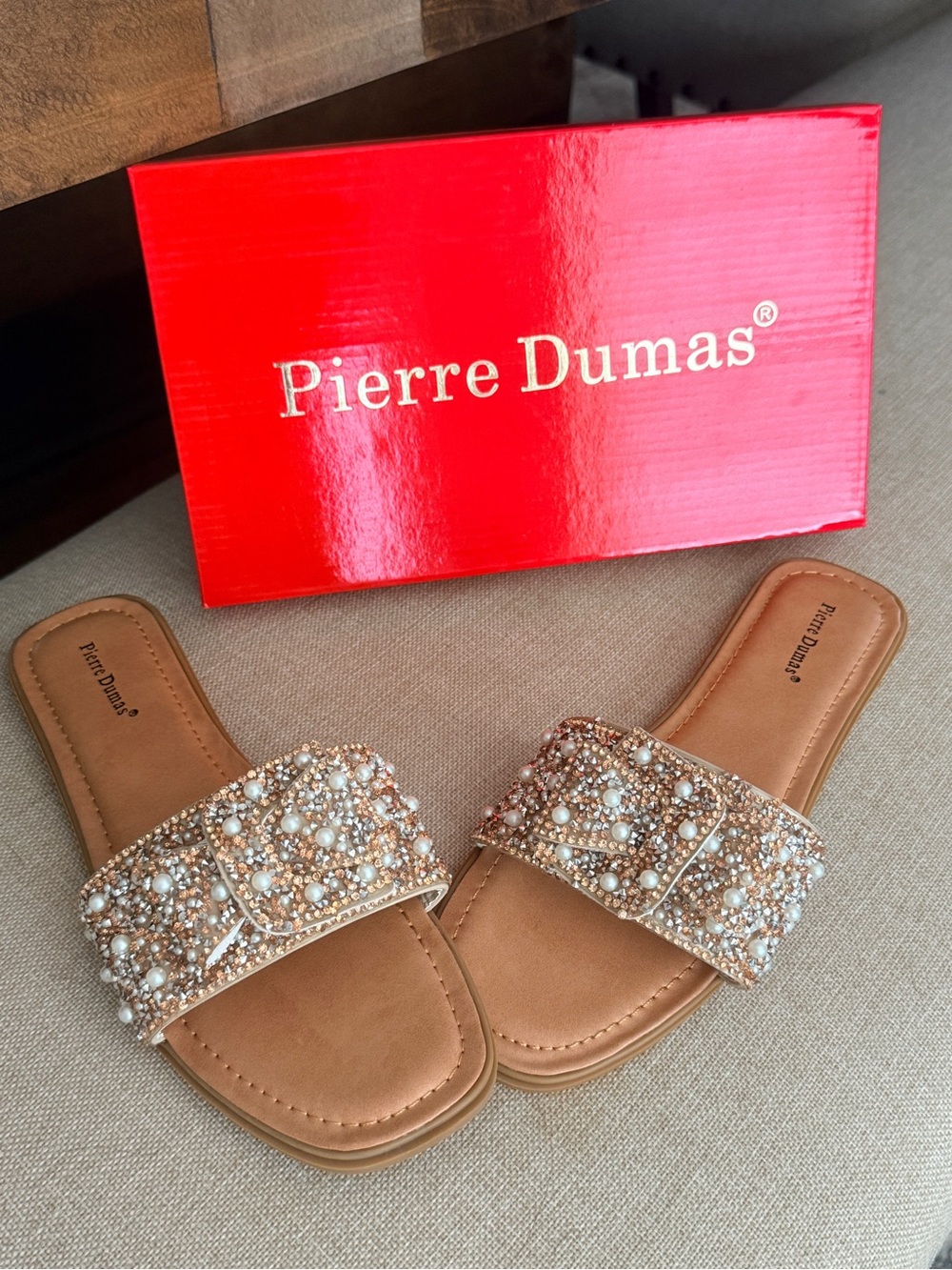 Pierre Dumas Tan Jeweled Pearl Slide Sandals